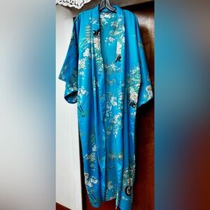 Japanese Turquoise Floral Satin Kimono Robe